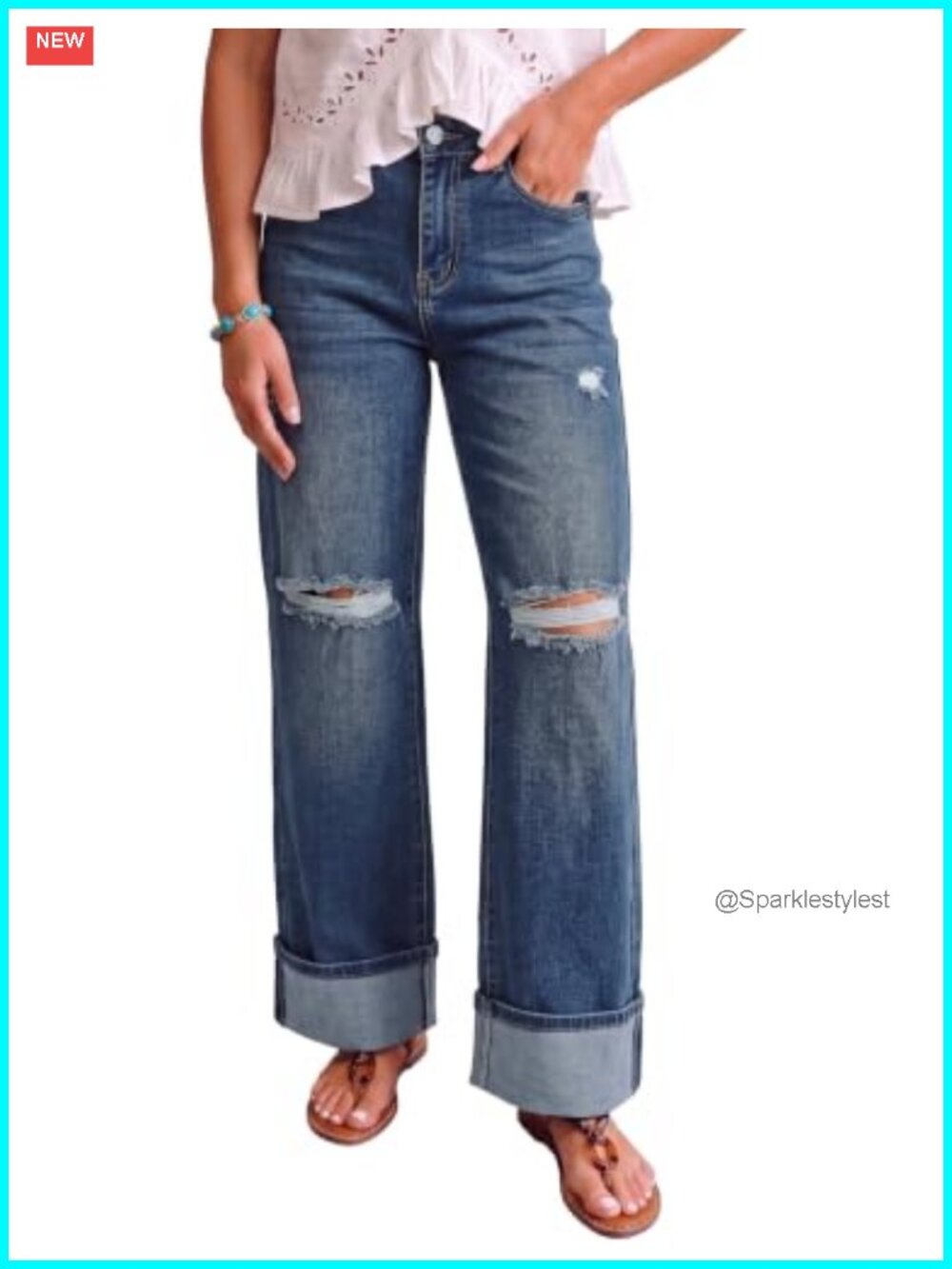 Wide Leg High Waisted Stretchy Ripped Denim Jeans